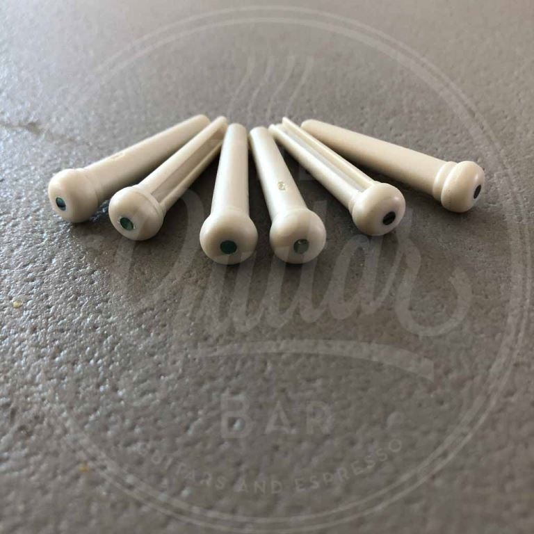 GraphTech Traditional style bridge pins, set of 6, white with 2mm paua shell inlay